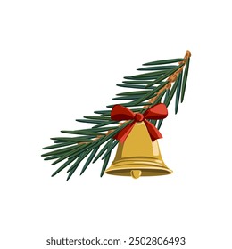 vector drawing fir tree branch with green needles, golden bell and red bow isolated at white background, hand drawn illustration