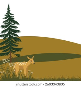 vector drawing fir tree, flowers and sika deer, hand drawn illustration