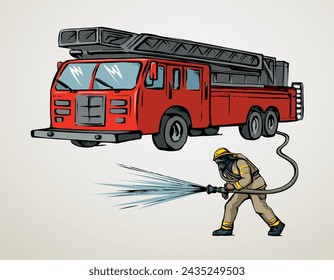 Vector drawing. Firefighter puts out the fire