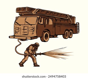 Vector drawing. Firefighter puts out the fire