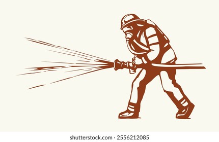 Vector drawing. Firefighter puts out the fire