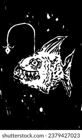 Dibujo vectorial con peces, peces gráficos oscuros. Vida submarina, temible diseño de la portada del álbum con tatuajes.
