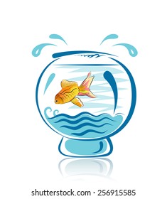 Vector drawing of fish in a glass jar with water. Fabulous goldfish.