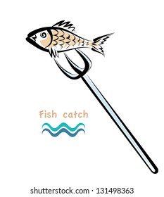 Vector drawing of the fish and harpoon on white background.