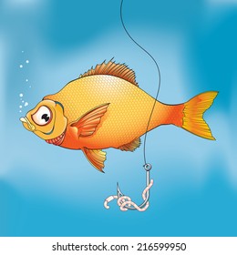 Vector drawing of a Fish looking at a worm on a hook/Fish Bait/ Easy to edit groups and layers, meshes and gradients used. 