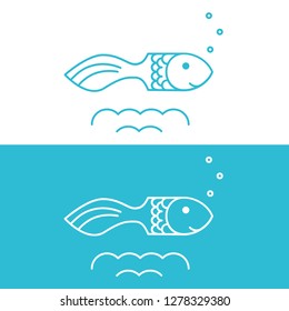 Vector drawing fish on blue and white background, logo for a  restaurant, bar, market, online store, website. 