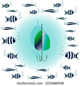 Vector drawing of fishing bait with big and small cartoon fishes in the sea. Multicolor illustration on soft blue round background. Can be used in postcards, posters, textiles, logo for fishing club.