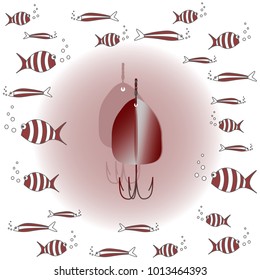 Vector drawing of fishing bait with big and small cartoon fishes in the sea. Multicolor illustration on soft brown round background. Can be used in postcards, posters, textiles, logo for fishing club.