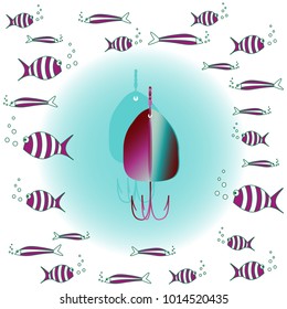 Vector drawing of fishing bait with big and small cartoon fishes in the sea. Multicolor illustration on soft blue round background. Can be used in postcards, posters, textiles, logo for fishing club.