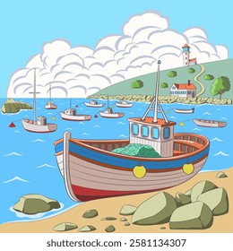 Vector drawing of fishing boats in harbor and lighthouse on hill