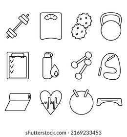 Vector drawing of fitness icons (jumpers, fitness mat, kettlebell, dumbbells, water bottle, scales). Vector elements for design.