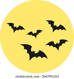 Vector drawing of five spooky flying bats on Halloween night against a simple full moon background