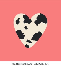 Vector drawing of flat heart with cow fur texture, isolated on pink background, cute card, hand drawn cartoon.