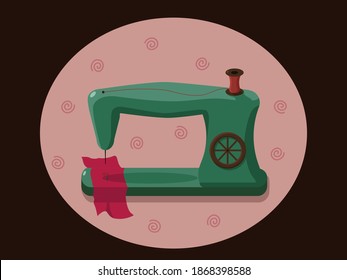 Vector drawing in flat style of a green sewing machine with red cloth on pink and brown background