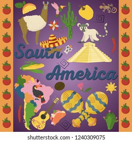 vector drawing in flat style on the theme of South America, animals, buildings, plants, holidays, continent map, food design elements tourism travel, sticker design for printing and decoration