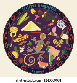 vector drawing in flat style on the theme of South America, animals, buildings, plants, holidays, continent map, food design elements tourism travel, sticker design for printing and decoration