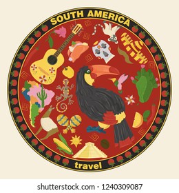 vector drawing in flat style on the theme of South America, animals, buildings, plants, holidays, continent map, food design elements tourism travel, sticker design for printing and decoration