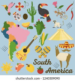 vector drawing in flat style on the theme of South America, animals, buildings, plants, holidays, continent map, food design elements tourism travel, sticker design for printing and decoration