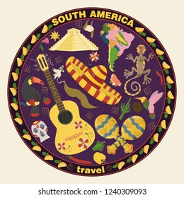 vector drawing in flat style on the theme of South America, animals, buildings, plants, holidays, continent map, food design elements tourism travel, sticker design for printing and decoration