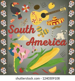 vector drawing in flat style on the theme of South America, animals, buildings, plants, holidays, continent map, food design elements tourism travel, sticker design for printing and decoration