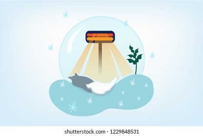 Vector drawing in flat style, sleeping cat in a snowball under the rays of a heater. Snowy winter, relax.