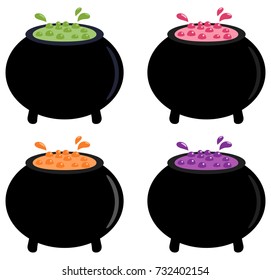Vector drawing in flat style of a witch's cauldron with colorful boiling liquid