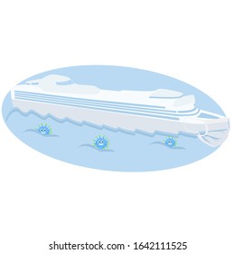 Vector drawing of a floating cruise ship, steamboat over the sea of ​​viruses in a flat style on a white isolated background