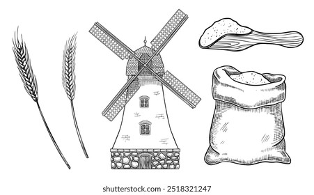 Vector drawing with flour, windmill and spikelets. Illustration in linear style of wind mill and cereal plant painted by black inks on isolated background. Etching for production label or cookery book