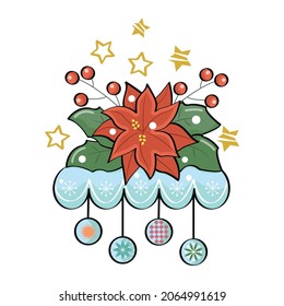 Vector drawing of  a flower Christmas star greeting  card Merry Christmas beautiful illustration green leaves and twigs