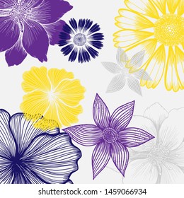 vector drawing flower, line and brush art, black and white flower, use for printing and wedding card