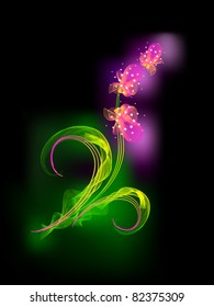 The Vector drawing of flower. On black background gentile orchid. Stylized. Abstract.