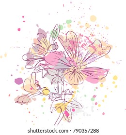 vector drawing flower and paint stains, hand drawn illustration