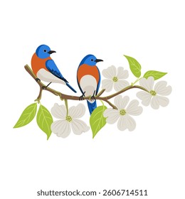 vector drawing flowering dogwood and eastern bluebirds , tree branch with green leaves and flowers, Cornus florida isolated at white background, hand drawn illustration