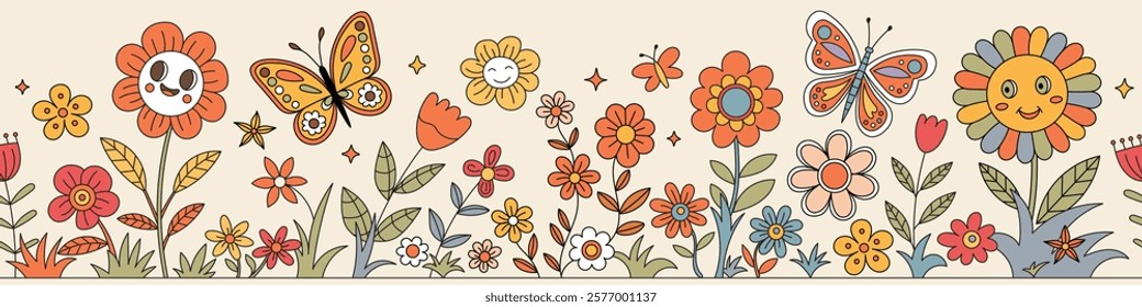 Vector drawing of flowering meadow, spring landscape, multicolor cartoon, children's drawing, seamless border