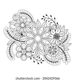 Vector drawing of flowers for adult coloring books. Doodle ornament in black and white. Hand draw vector illustration.