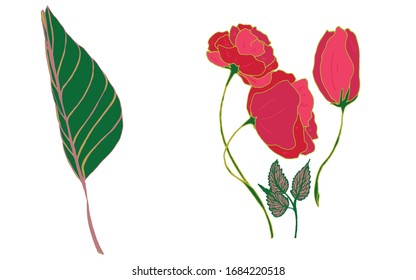 Vector drawing flowers bouquet and leaves
isolated on a white background. An isolated drawing of a stencil of buds and a palm leaf for printing on objects, clothes, packaging, beds, des