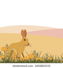 vector drawing flowers and brown hare, hand drawn illustration