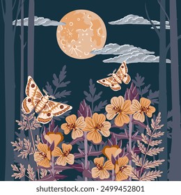 vector drawing flowers and butterflies by night in forest at dark blue background with moon and clouds, hand drawn botanical illustration