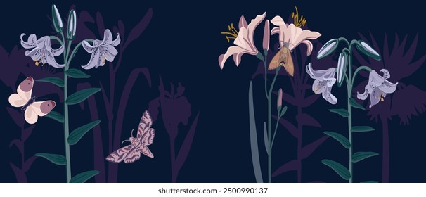 vector drawing flowers and butterflies by night at dark blue background, hand drawn botanical illustration