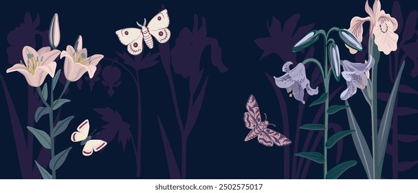 vector drawing flowers and butterflies by night at dark blue background, hand drawn botanical illustration