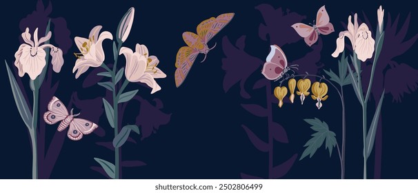 Vektorgrafik von Blumen und Schmetterlingen bei Nacht auf dunkelblauem Hintergrund, handgezeichnete botanische Illustration