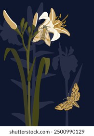 vector drawing flowers and butterfly by night at dark blue background, hand drawn botanical illustration