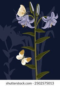 vector drawing flowers and butterfly by night at dark blue background, hand drawn botanical illustration