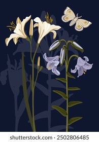 vector drawing flowers and butterfly by night at dark blue background, hand drawn botanical illustration