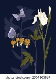 vector drawing flowers and butterfly by night at dark blue background, hand drawn botanical illustration