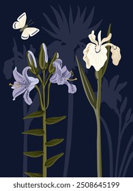 vector drawing flowers and butterfly by night at dark blue background, hand drawn botanical illustration