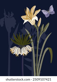 Vector dibujando flores y mariposa por la noche en el fondo azul oscuro, ilustración botánica dibujada a mano