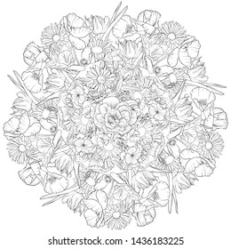 vector drawing flowers, decorative rosette, stylized design template, isolated floral element, hand drawn botanical illustration,coloring page