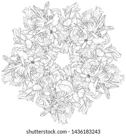 vector drawing flowers, decorative rosette, stylized design template, isolated floral element, hand drawn botanical illustration,coloring page