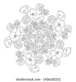 vector drawing flowers, decorative rosette, stylized design template, isolated floral element, hand drawn botanical illustration,coloring page